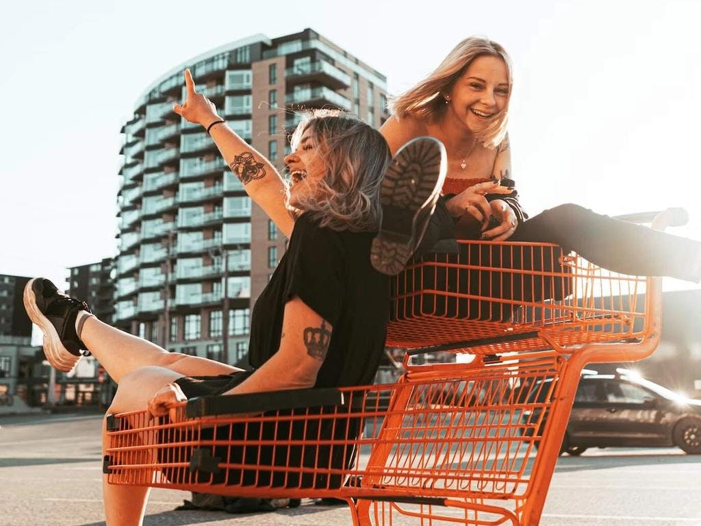 two girls in shopping carts